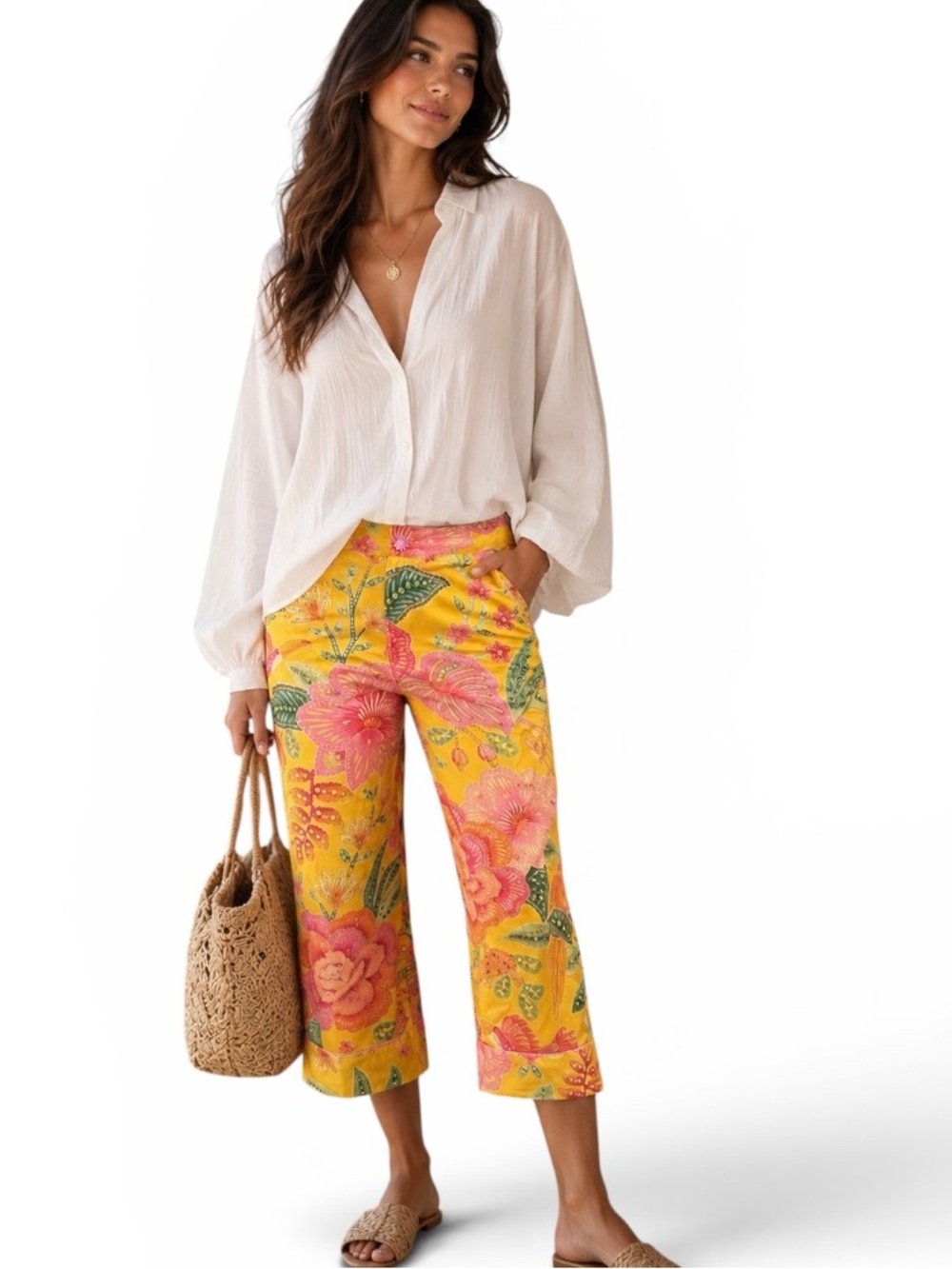 FARM Rio Macaw Bloom Tropical Floral Cropped Wide-Leg Pants Yellow XS
